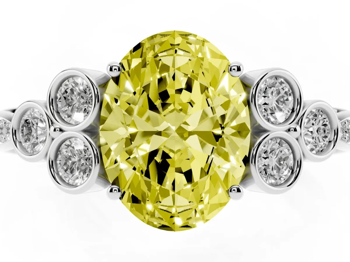 Fancy Yellow Oval Cut Cut Diamond Engagement Ring with Bezel Set Round Side Stones and Prong Setting Silver