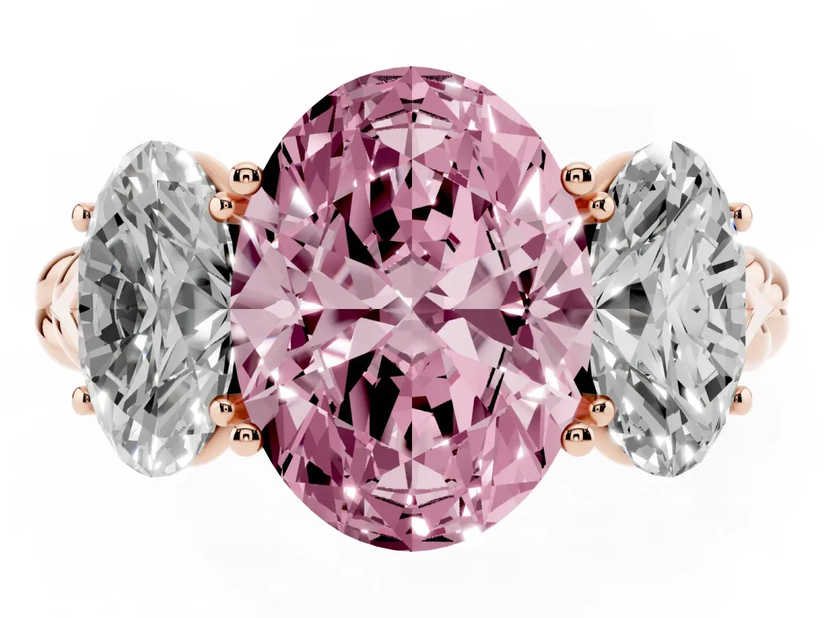 Fancy Pink Three-Stone Oval Cut Diamond Braided Band Ring with Four-Prong Setting Rose gold
