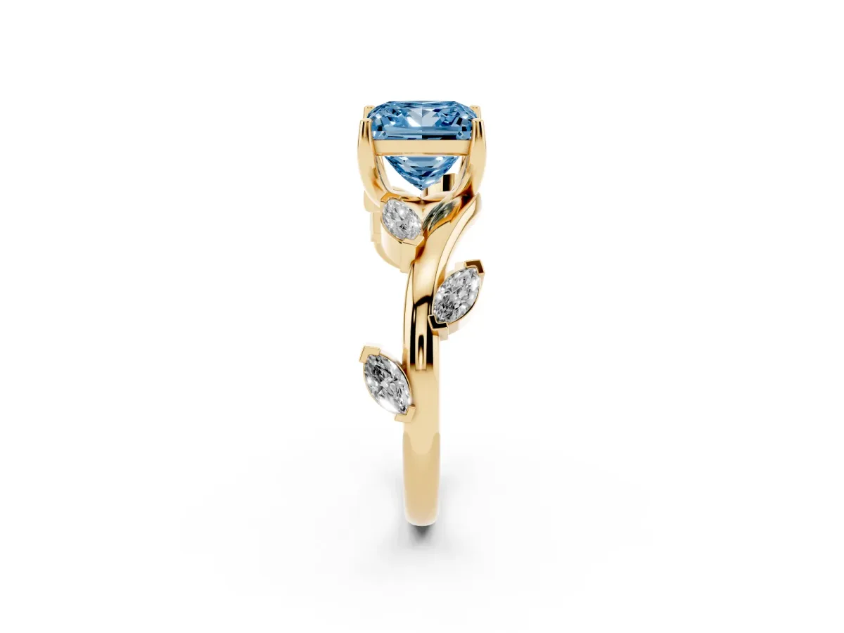 Fancy Blue Princess Cut Solitaire Twisted Band Marquise Accent Prong Setting Ring Yellow gold