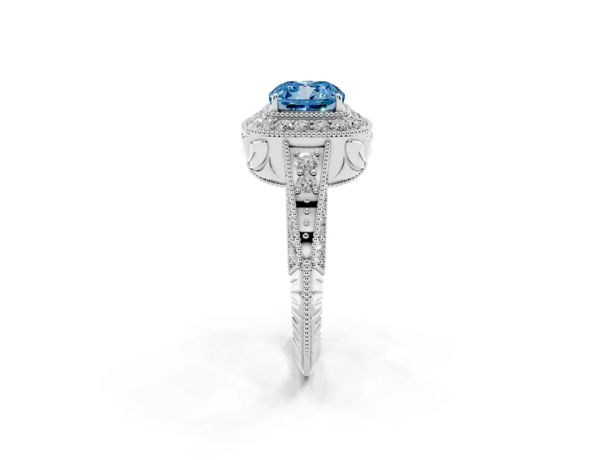 Fancy Blue Cushion Cut Halo Diamond Split Shank Ring with Milgrain Detail Silver