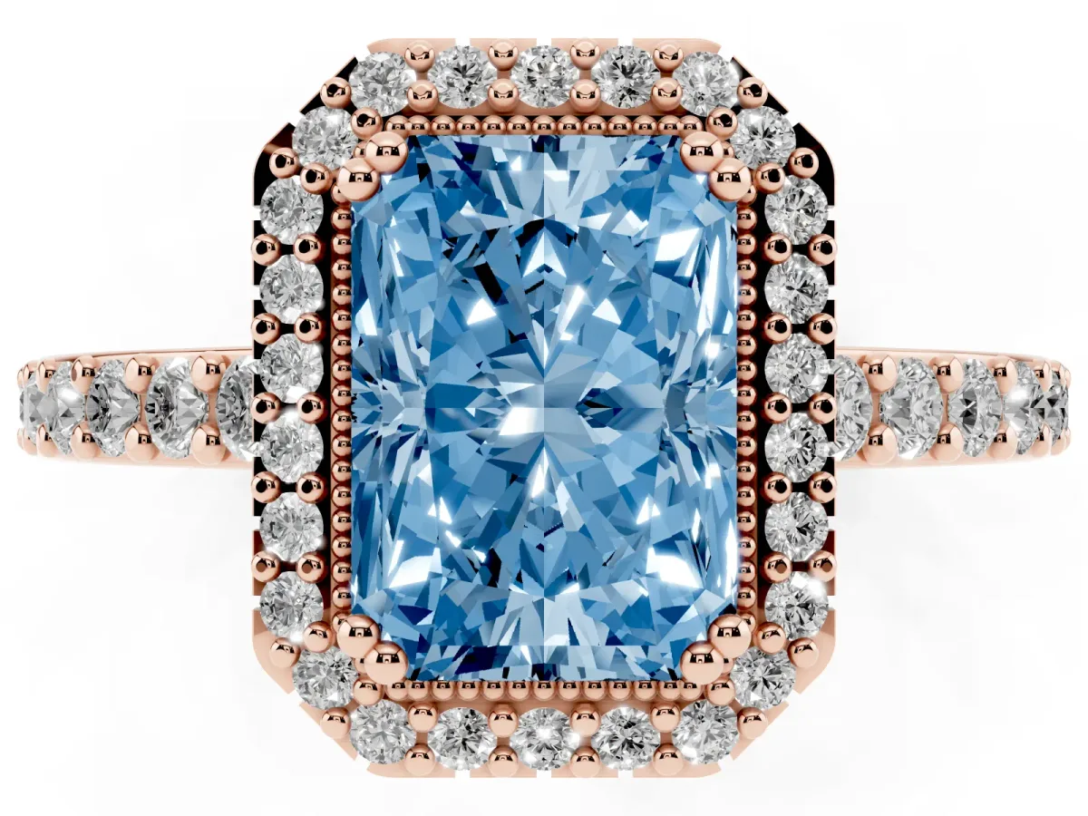 Fancy Blue Radiant Cut Cut Diamond Halo Engagement Ring with Milgrain Detail and Pavé Band Rose gold