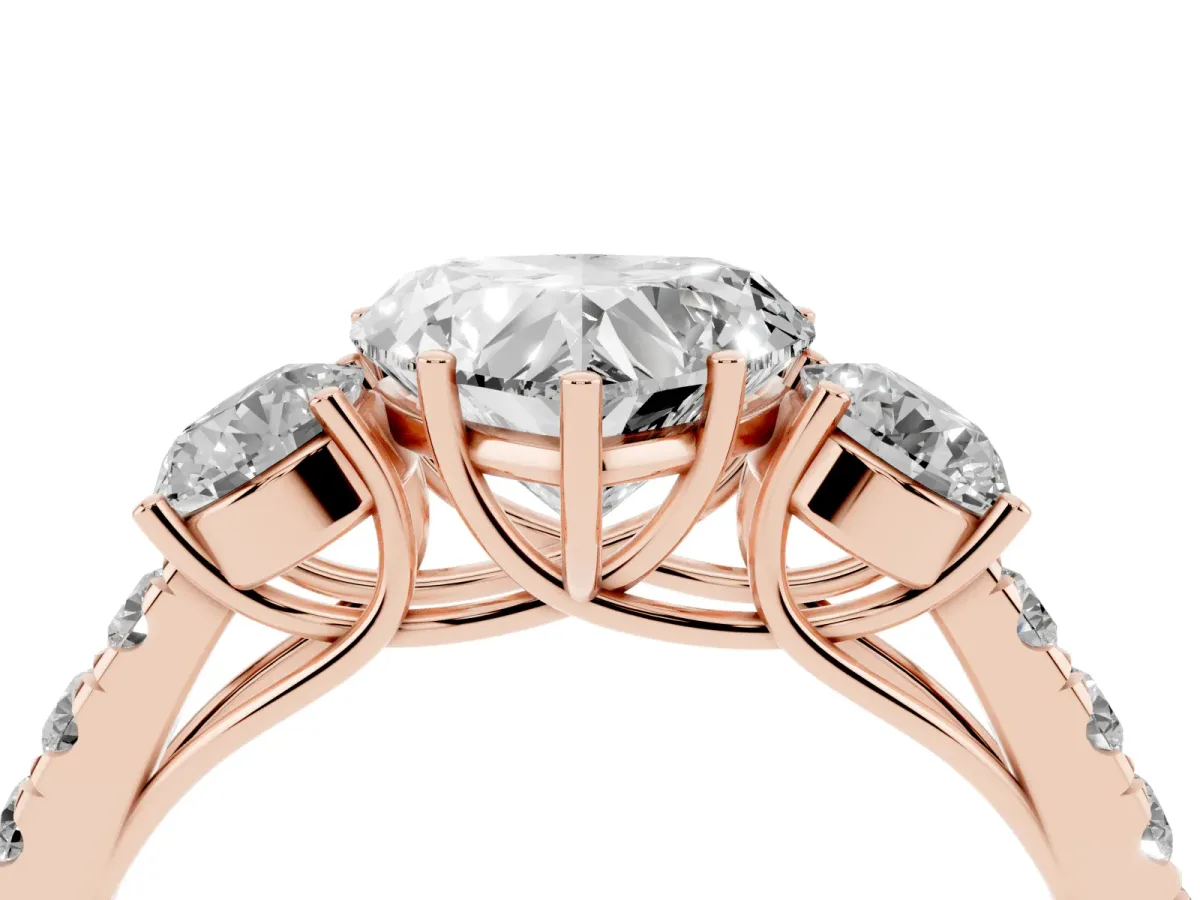 Heart Cut Cut Diamond Three-Stone Ring with Round Side Stones and Pavé Band Rose gold