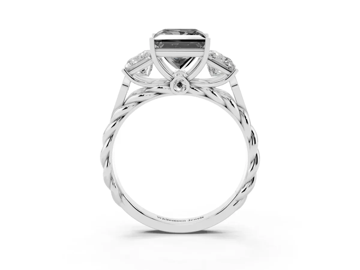 Fancy Black Three-Stone Princess Cut Diamond Braided Band Ring with Four-Prong Setting Platinum
