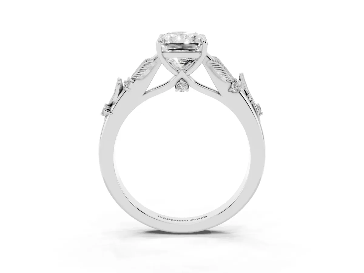 Radiant Cut Diamond Solitaire Ring with Leaf Motif Band and Four-Prong Setting Silver