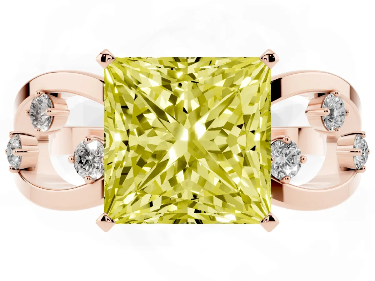 Fancy Yellow Princess Cut Cut Solitaire Diamond with Side Stones on Criss-Cross Band and Four-Prong Setting Rose gold