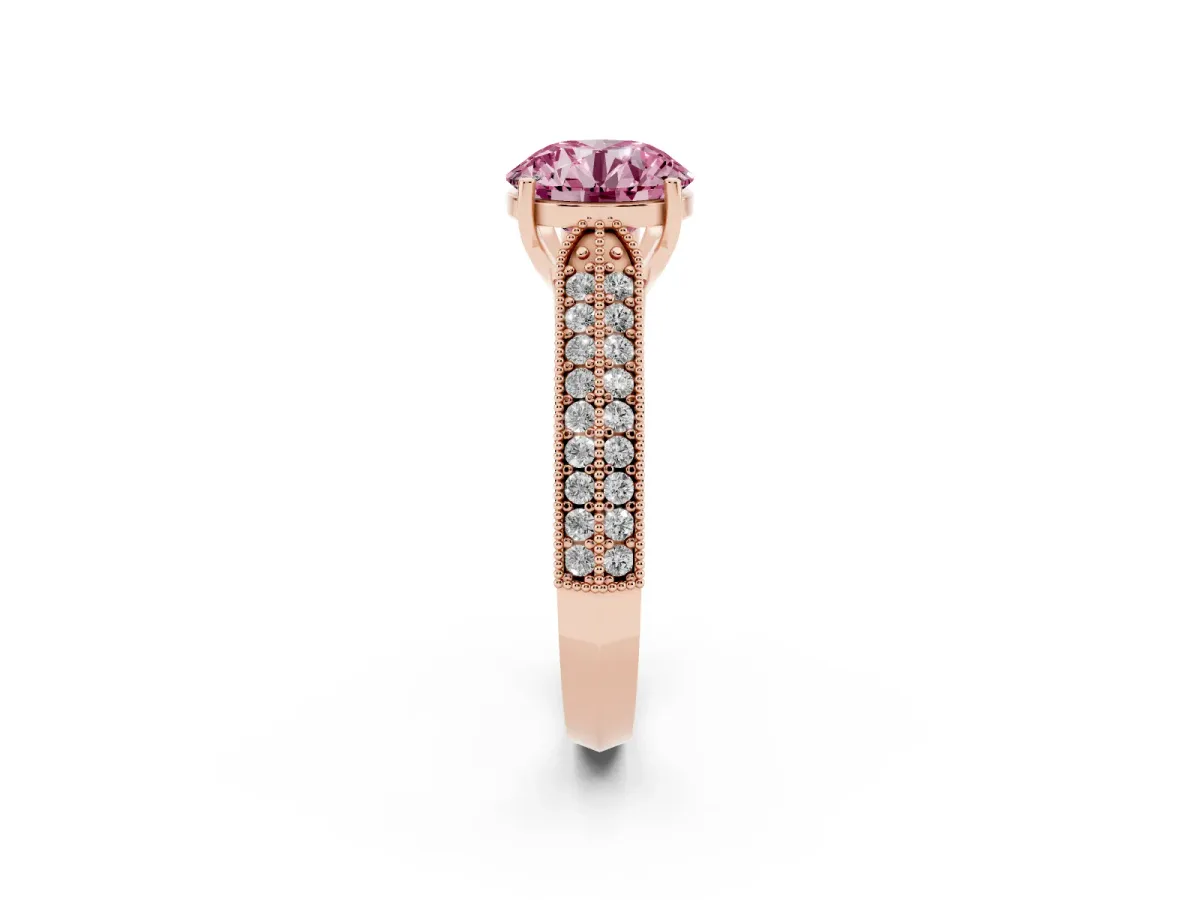 Fancy Pink Round Cut Cut Pave Split Shank Engagement Ring with Four-Prong Setting Rose gold