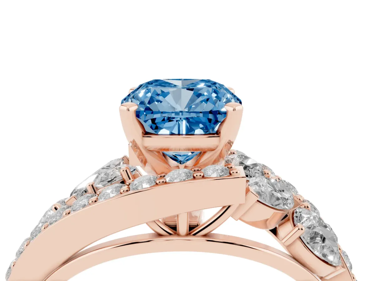 Fancy Blue Cushion Cut Diamond Halo Ring with Marquise and Pavé Band in Prong Setting Rose gold