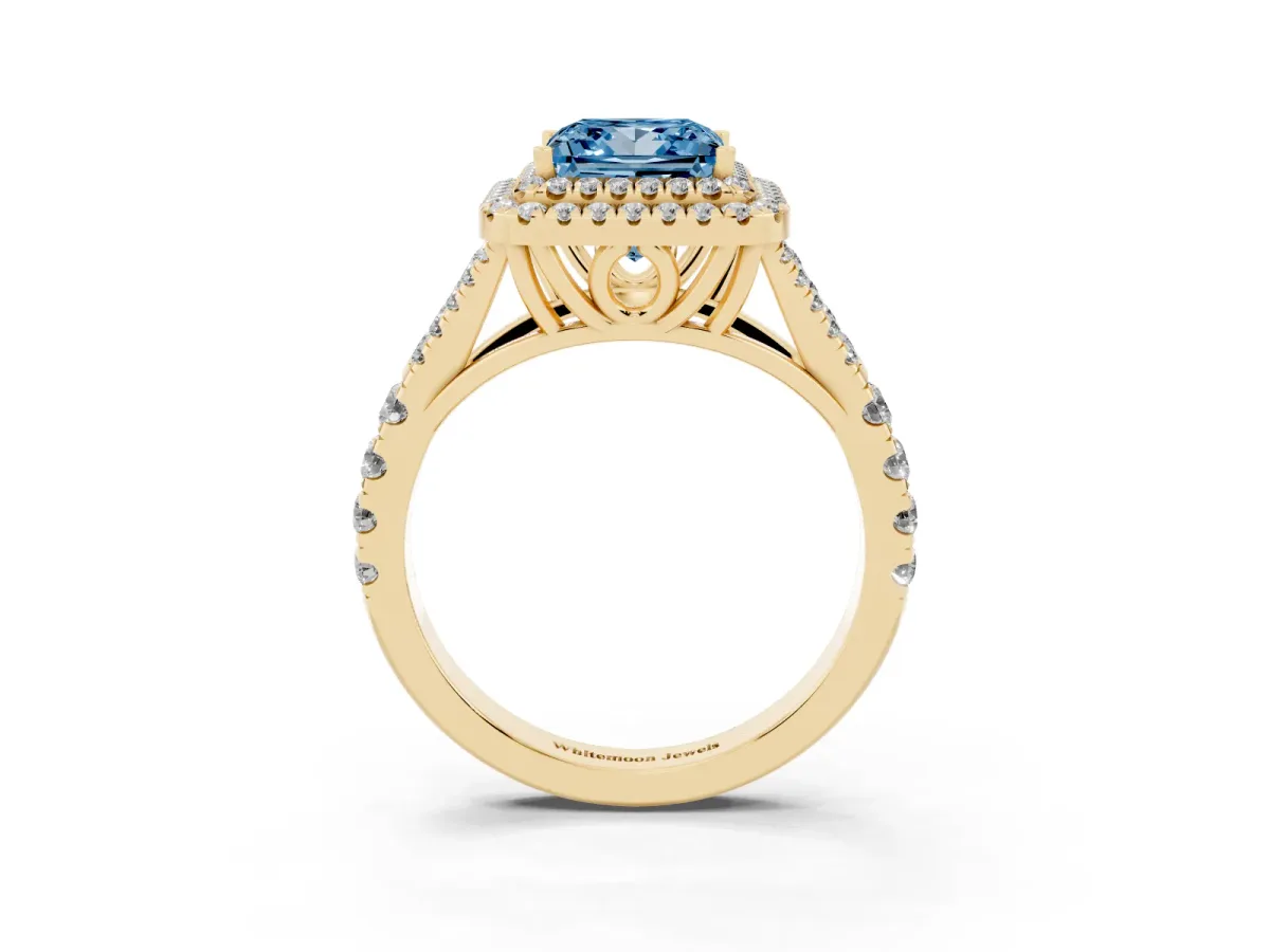 Fancy Blue Princess Cut Diamond Pavé Split Shank Double Halo Engagement Ring Yellow gold
