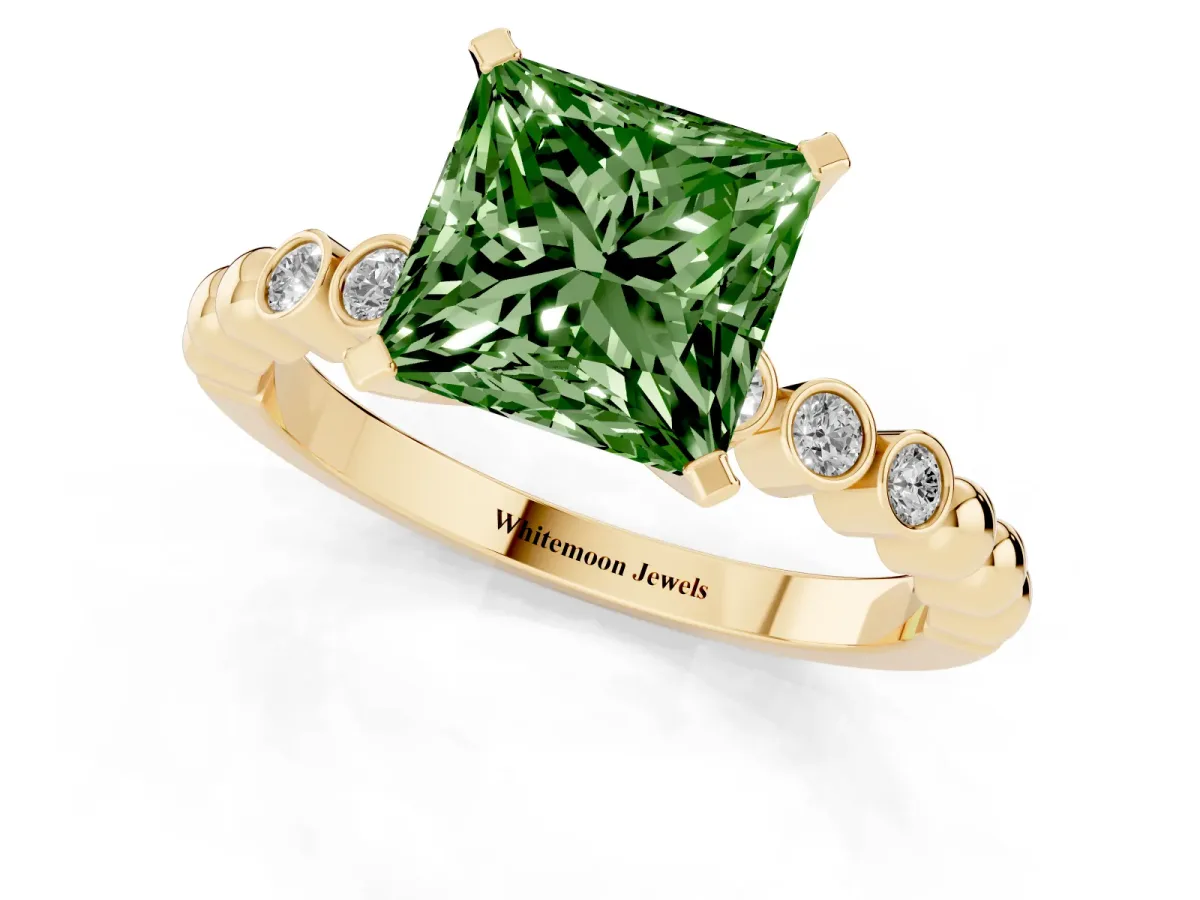Fancy Green Princess Cut Solitaire Bezel Accent Diamond Engagement Ring with Beaded Band and Four-Prong Setting Yellow gold