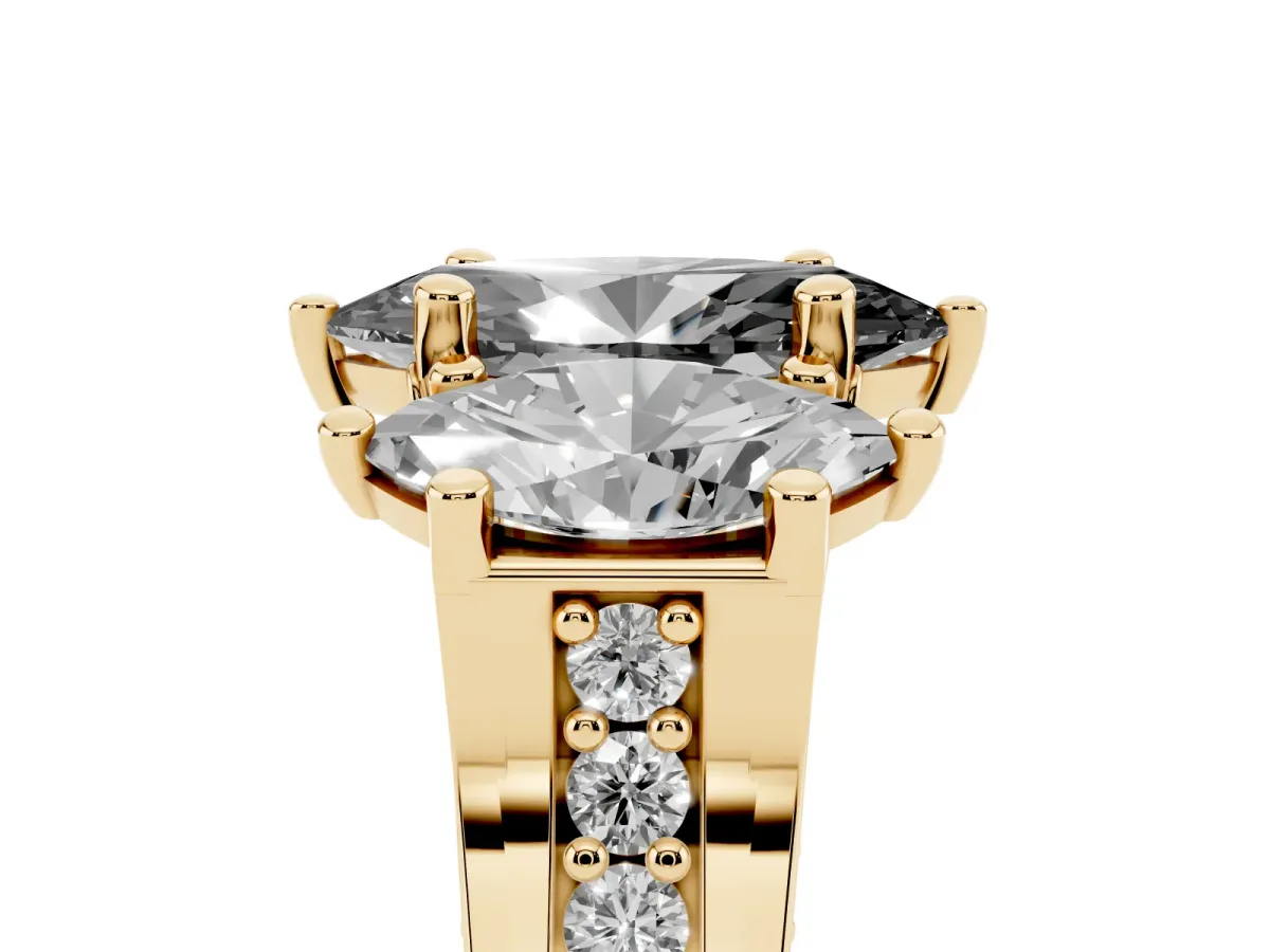Fancy Black Marquise Cut Diamond Three-Stone Ring with Channel Set Band and Four-Prong Setting Yellow gold
