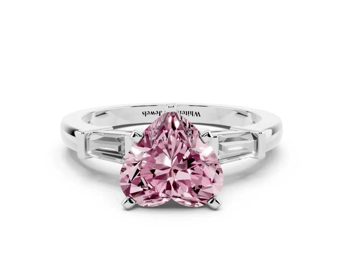 Fancy Pink Heart Cut Cut Diamond Solitaire Ring with Tapered Baguette Accents and Four-Prong Setting White gold