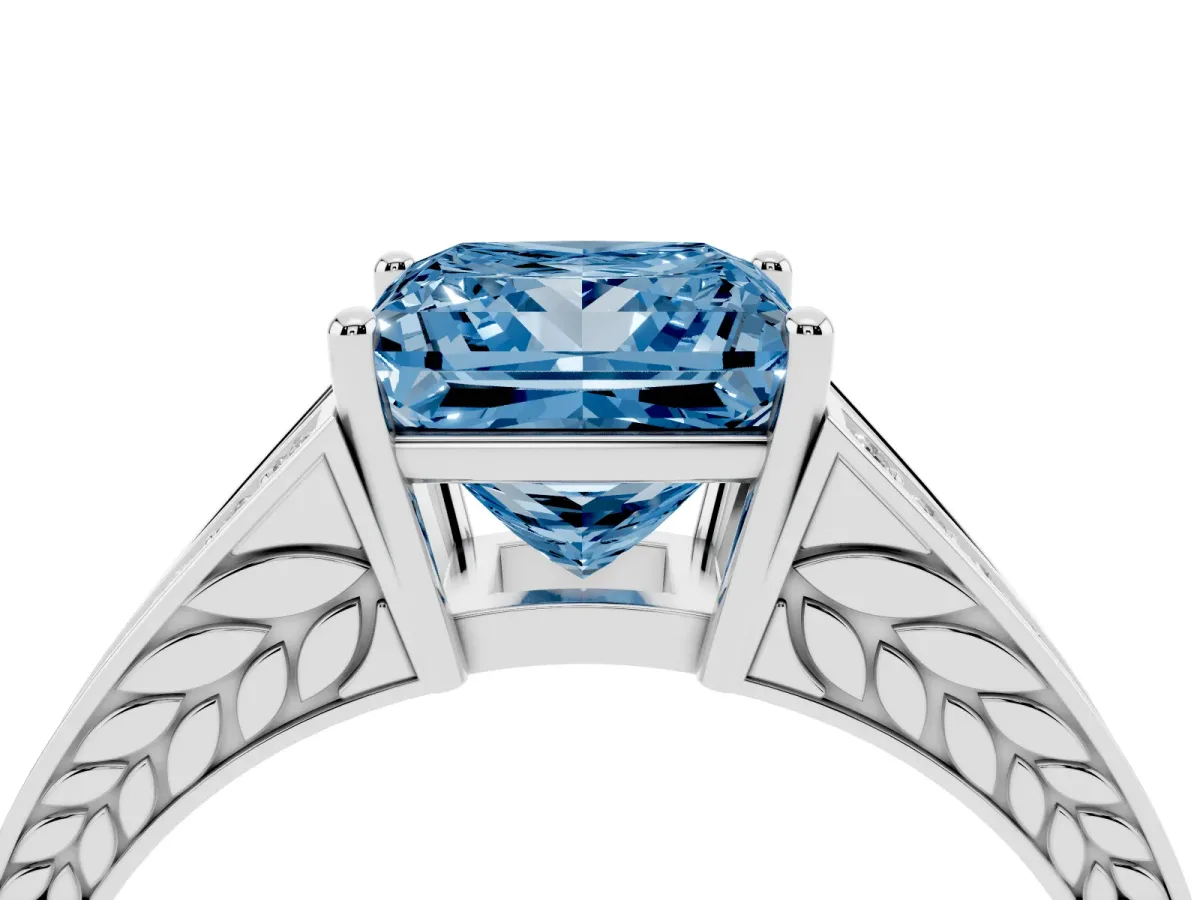 Fancy Blue Princess Cut Diamond Split Shank Ring with Pavé Band and Four-Prong Setting Platinum