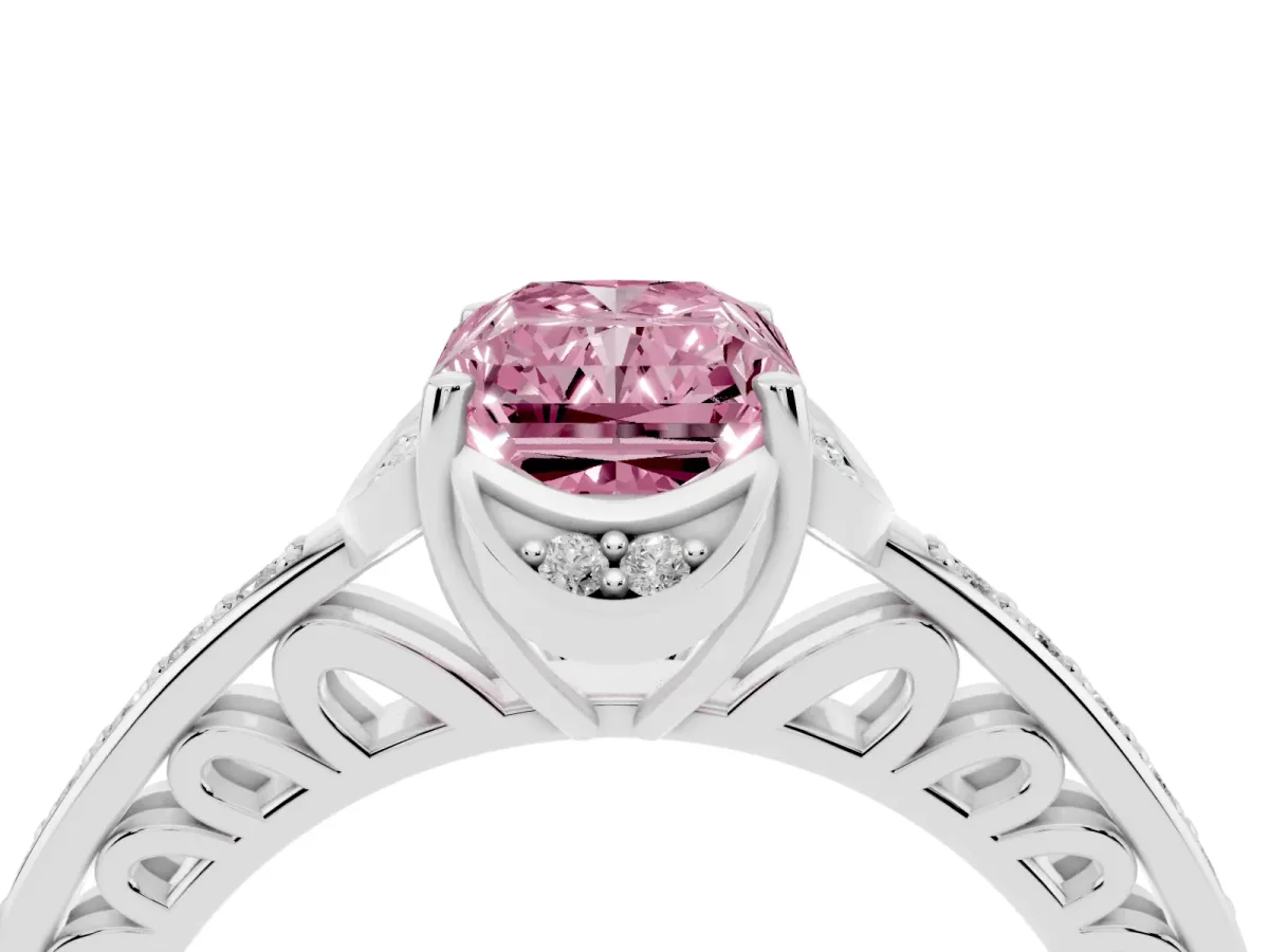 Fancy Pink Radiant Cut Cut Halo Diamond Ring with Channel Set Band and Four-Prong Setting Platinum