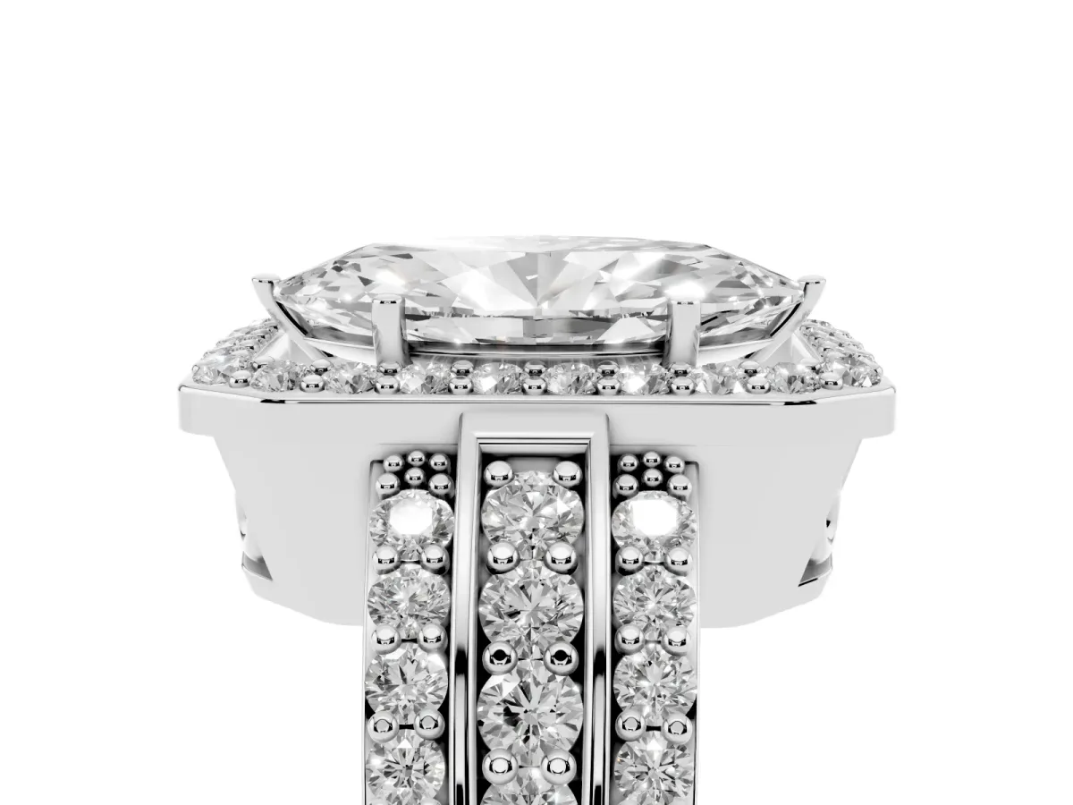 Marquise Cut Halo Diamond Ring with Round Split Shank and Prong Setting Silver