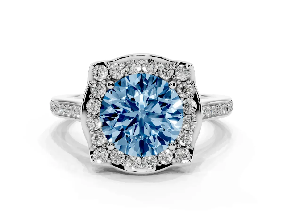 Fancy Blue Round Cut Halo Round Diamond Pave Band with Four-Prong Setting Silver