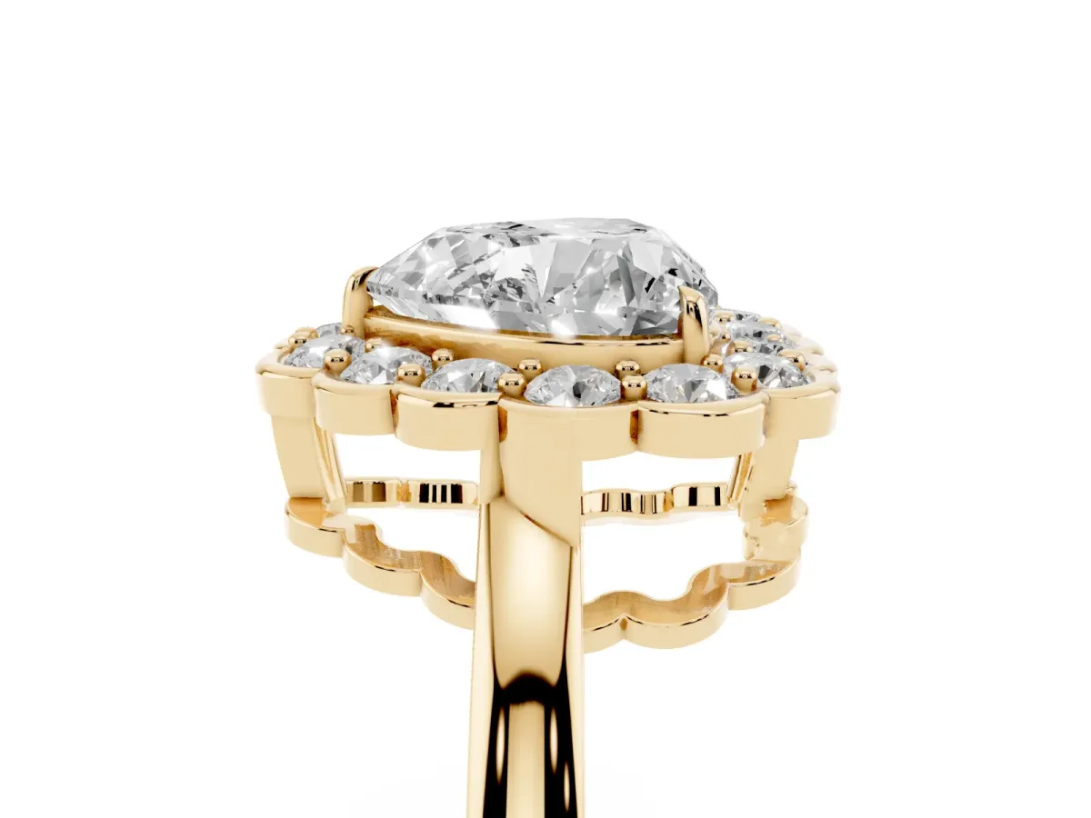 Heart Cut Halo Cluster Diamond Engagement Ring with Solitaire Band and Prong Setting Yellow gold