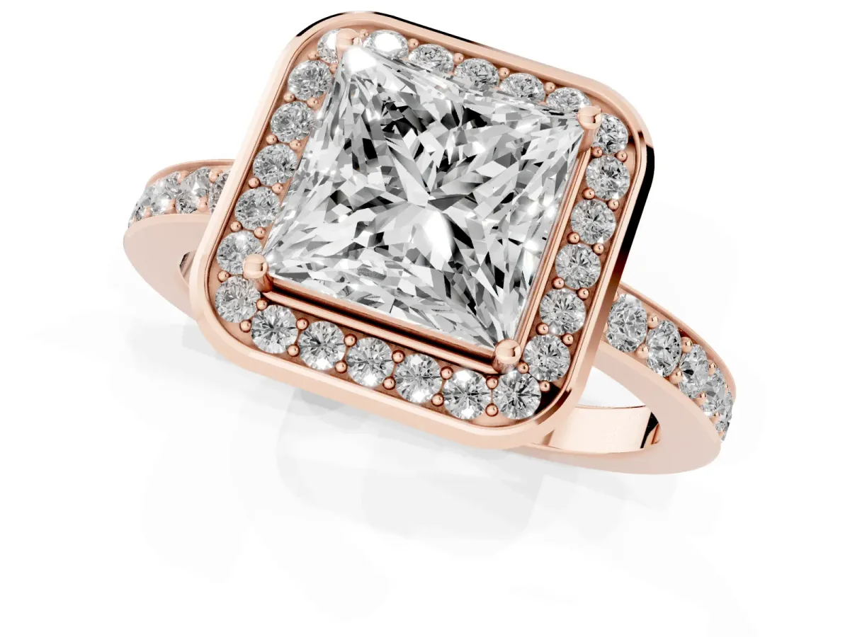 Princess Cut Diamond Halo Ring with Bezel Frame and Pavé Band Rose gold