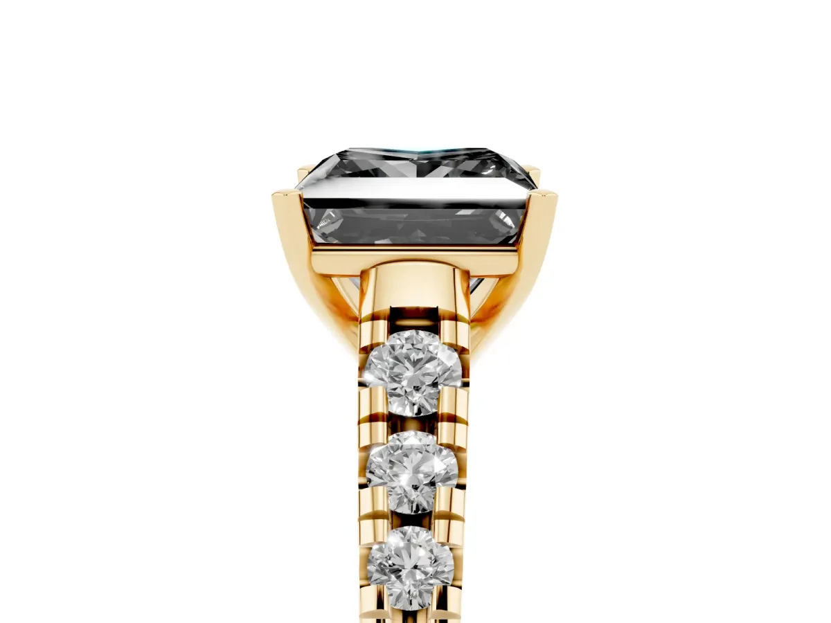 Fancy Black Princess Cut Diamond Cathedral Solitaire Ring with Round Pavé Band Yellow gold