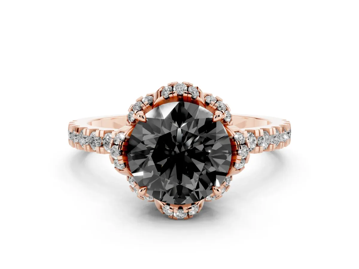 Fancy Black Round Cut Diamond Halo Pave Band with Four-Prong Setting Rose gold