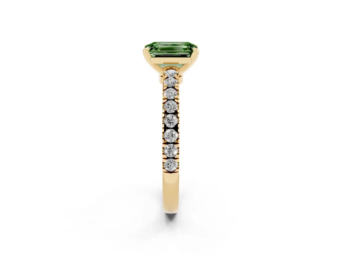 Fancy Green Emerald Cut Solitaire Diamond with Pavé Band and Four-Prong Setting Yellow gold