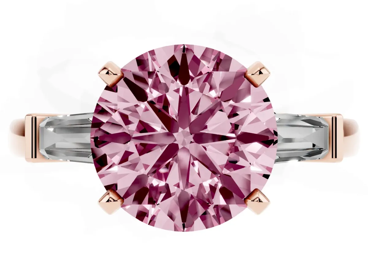 Fancy Pink Round Cut Cut Diamond Solitaire Ring with Tapered Baguette Accents and Four-Prong Setting Rose gold
