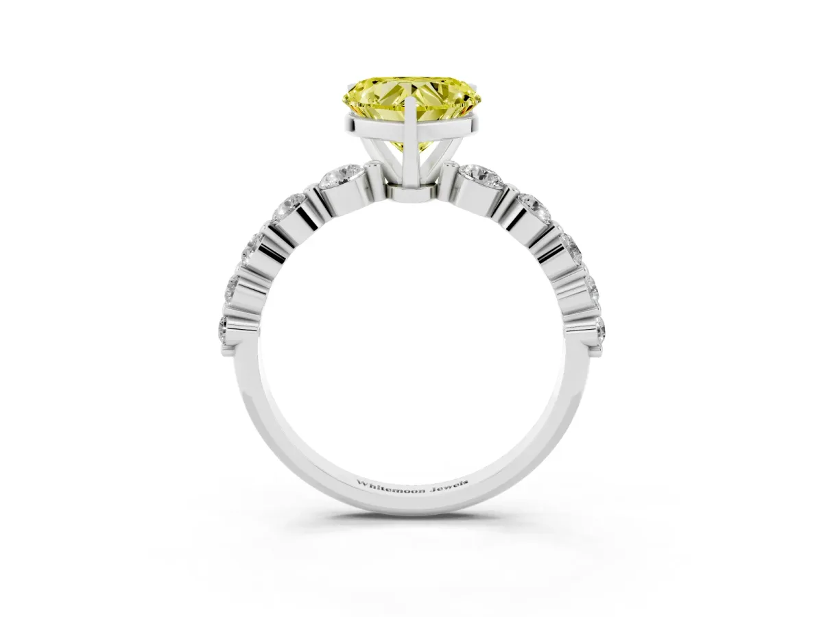 Fancy Yellow Heart Cut Solitaire Diamond Ring with Pave Band and Four-Prong Setting Silver