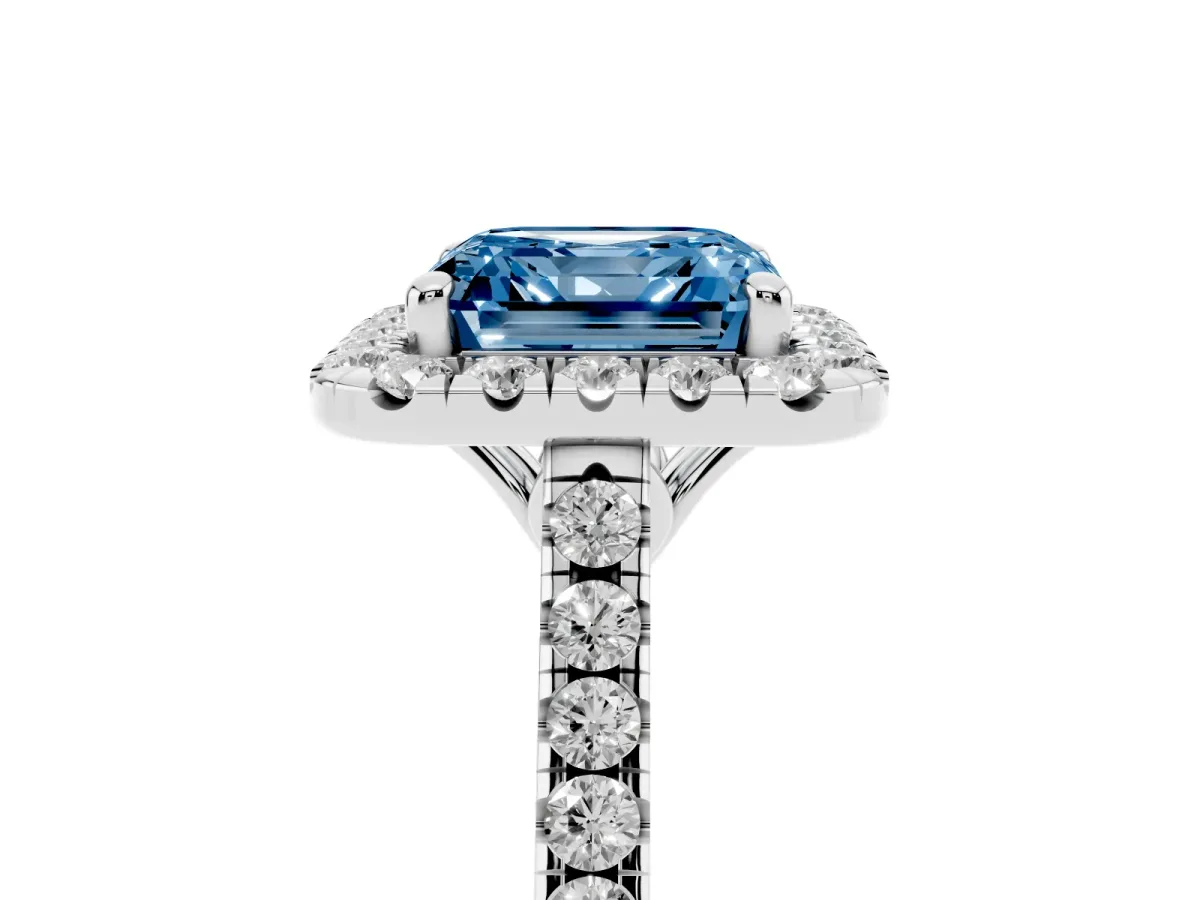 Fancy Blue Asscher Cut Halo Pavé Diamond Engagement Ring with Four-Prong Setting Silver