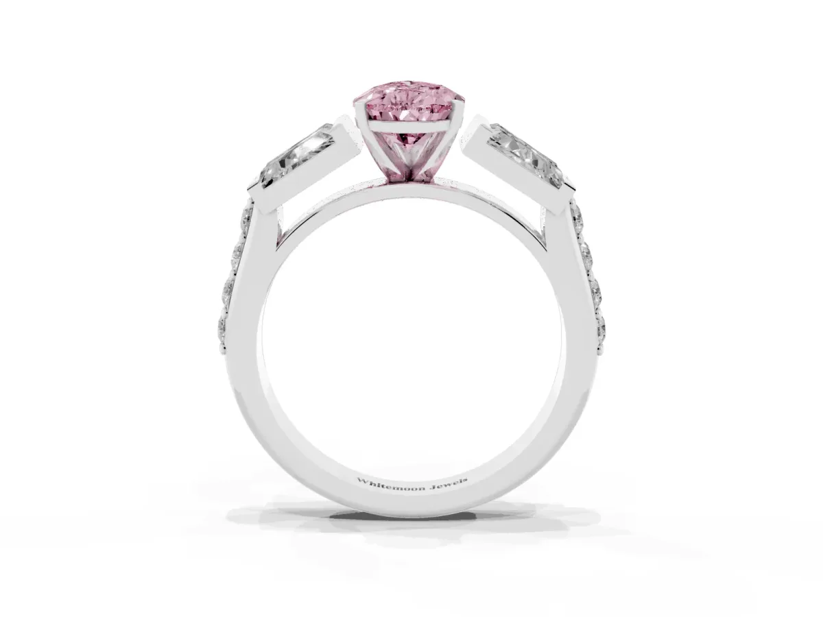 Fancy Pink Pear Cut Diamond Engagement Ring with Baguette Side Stones and Channel Set Band Platinum