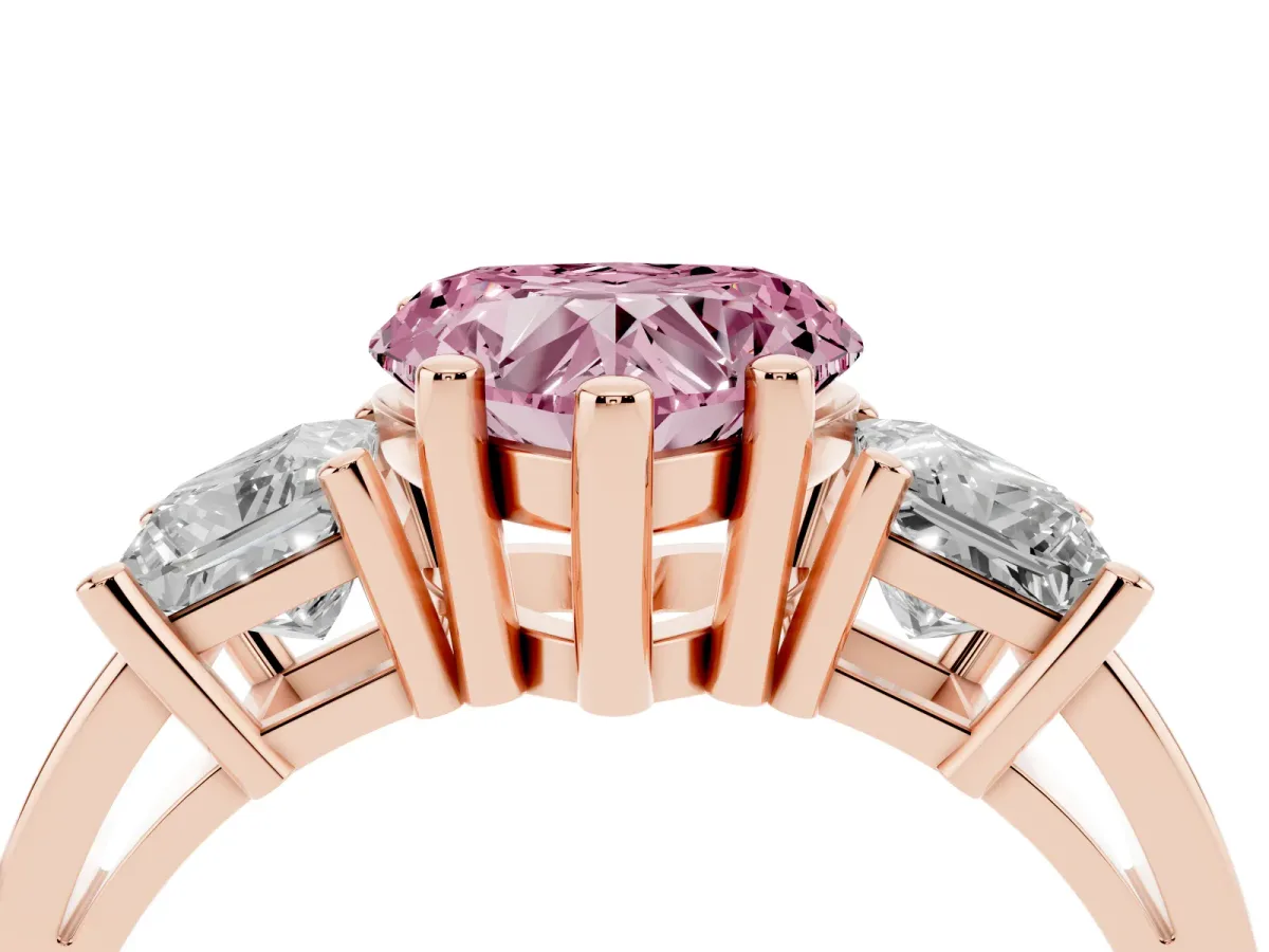 Fancy Pink Three-Stone Heart Cut Cut Solitaire Ring with Prong Setting Rose gold