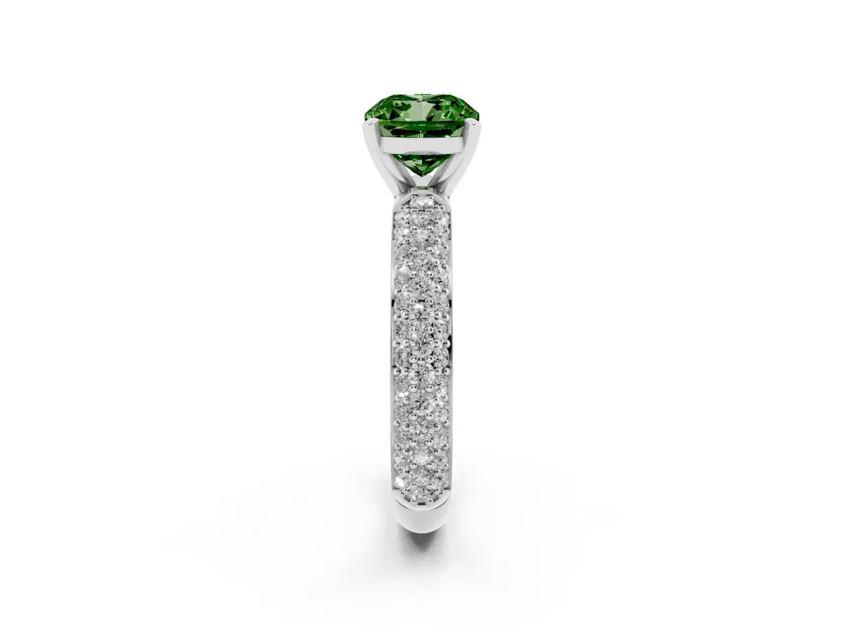 Fancy Green Cushion Cut Diamond Solitaire Ring with Prong Setting and Pavé Band Silver
