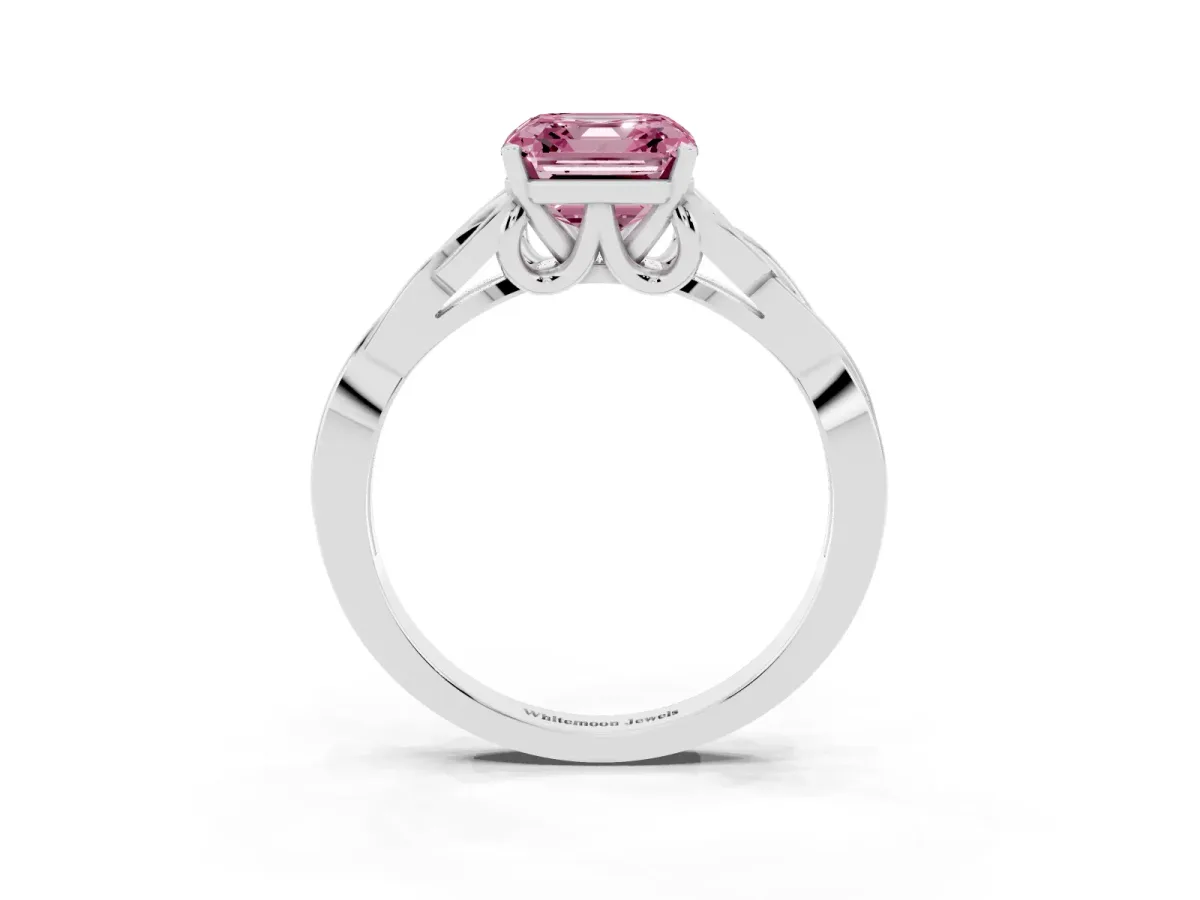 Fancy Pink Asscher Cut Diamond Solitaire Engagement Ring with Celtic Knot Band and Four-Prong Setting Silver