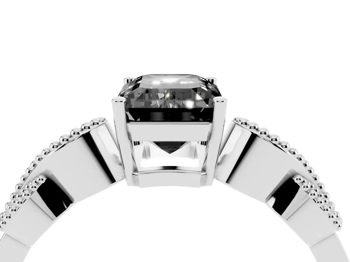 Fancy Black Emerald Cut Solitaire Milgrain Leaf Band with Prong Setting Silver