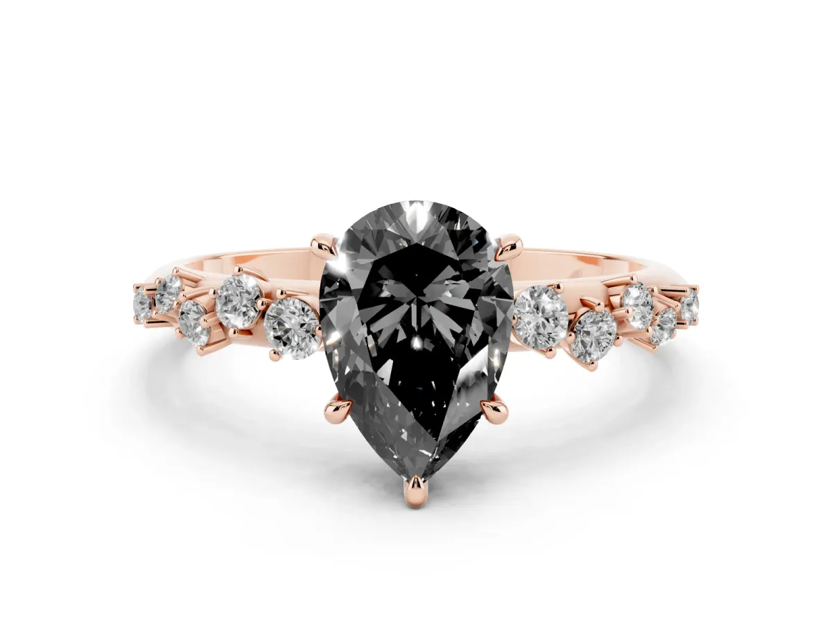 Fancy Black Pear Cut Diamond Cluster Side Stone Solitaire Ring with Prong Setting Rose gold