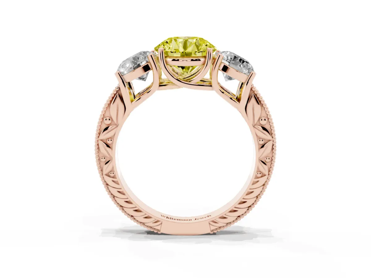 Fancy Yellow Three-Stone Round Cut Cut Milgrain Pavé Engagement Ring Rose gold