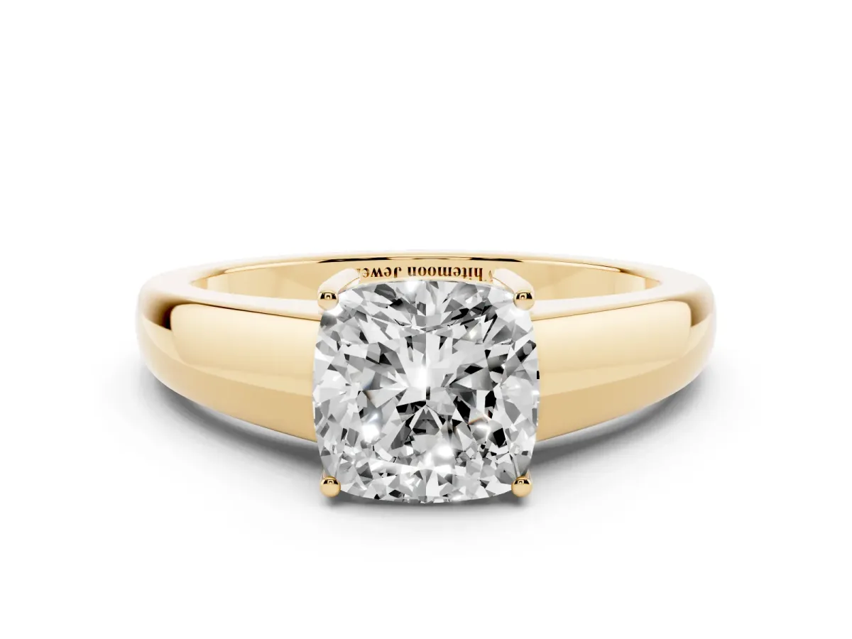 Cushion Cut Solitaire Diamond Ring with Tapered Band and Four-Prong Setting Yellow gold