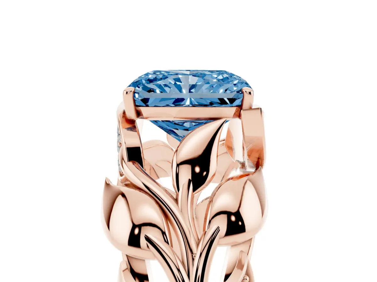 Fancy Blue Radiant Cut Diamond Leaf-Inspired Engagement Ring with Round Accents and Prong Setting Rose gold
