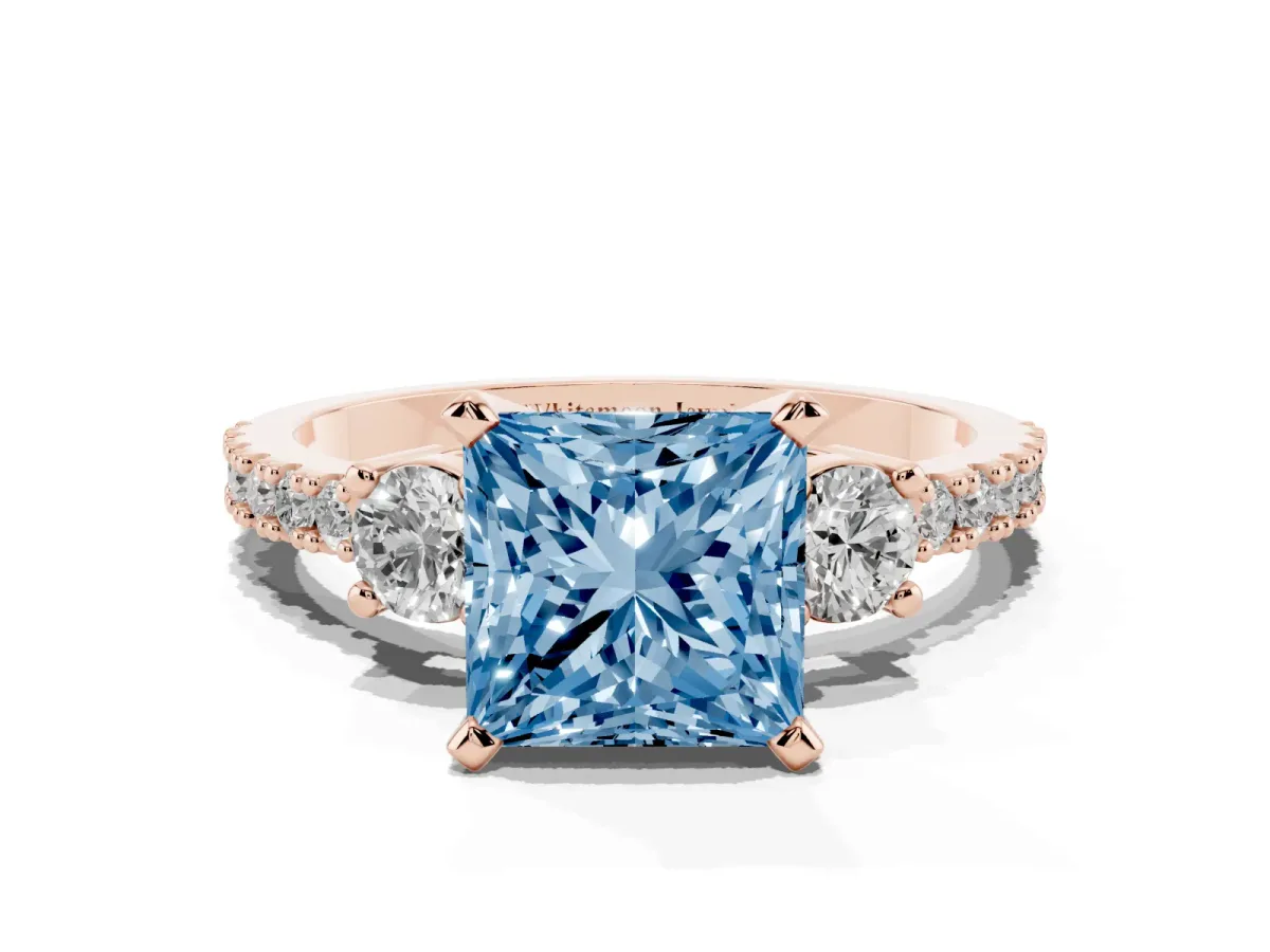 Fancy Blue Princess Cut Three-Stone Diamond Pavé Band with Prong Setting Rose gold