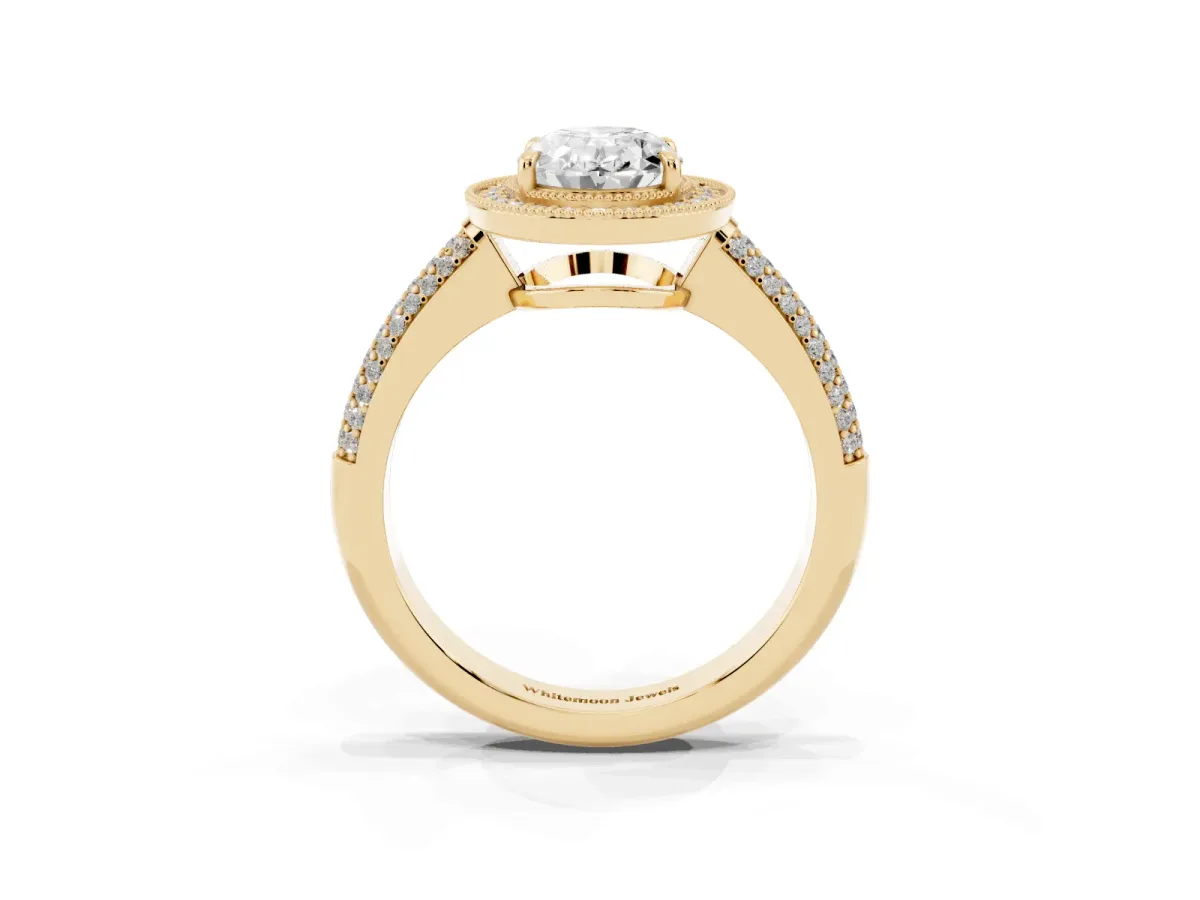 Oval Cut Cut Halo Diamond Pave Band with Four-Prong Setting Yellow gold