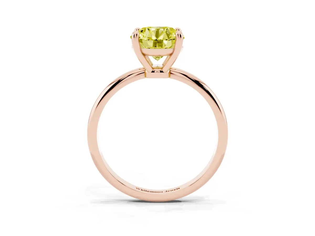 Fancy Yellow Round Cut Solitaire Diamond Ring with 4-Prong Setting on a Classic Band Rose gold
