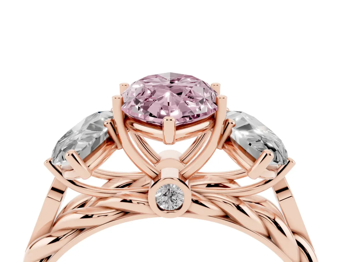 Fancy Pink Three-Stone Marquise Cut Diamond Braided Band Ring with Four-Prong Setting Rose gold