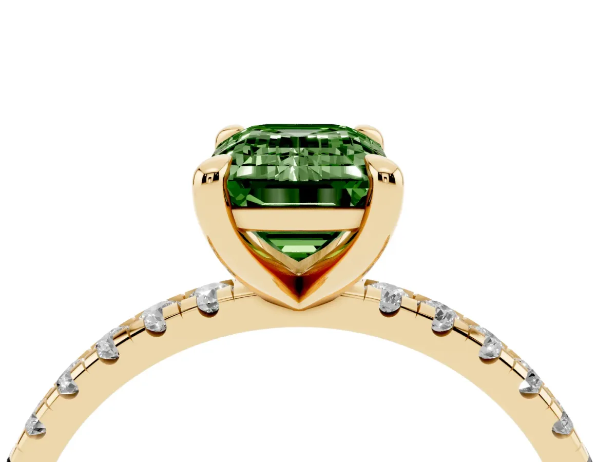 Fancy Green Emerald Cut Diamond Brilliant Solitaire Ring with Pavé Band and Four-Prong Setting Yellow gold