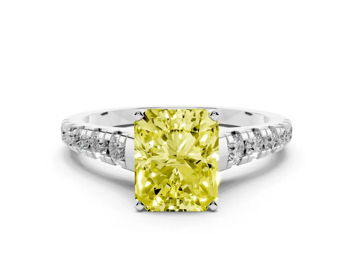 Fancy Yellow Radiant Cut Diamond Cathedral Solitaire Ring with Round Pavé Band Silver