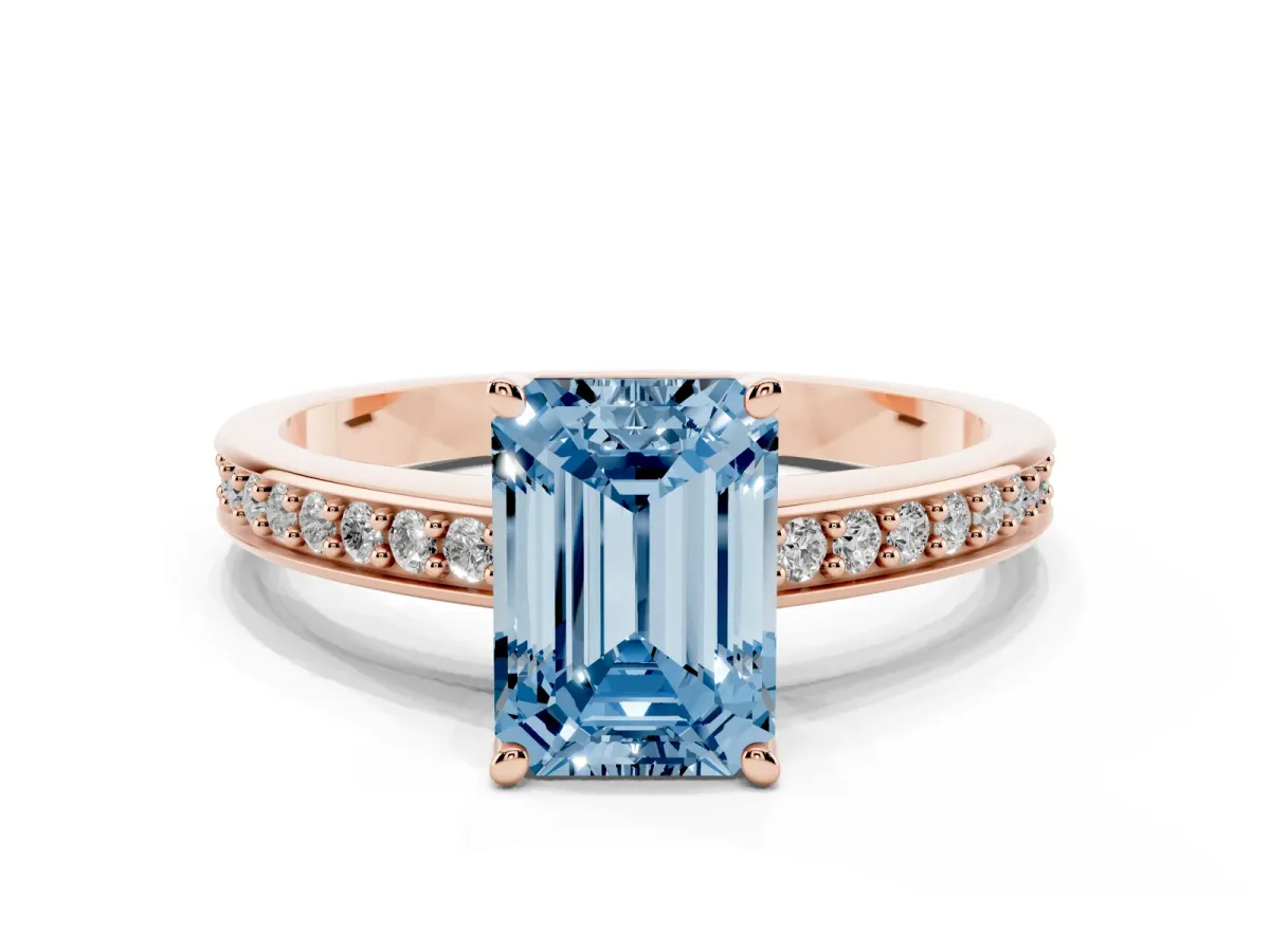 Fancy Blue Emerald Cut Solitaire Pavé Band Prong Setting Ring Rose gold