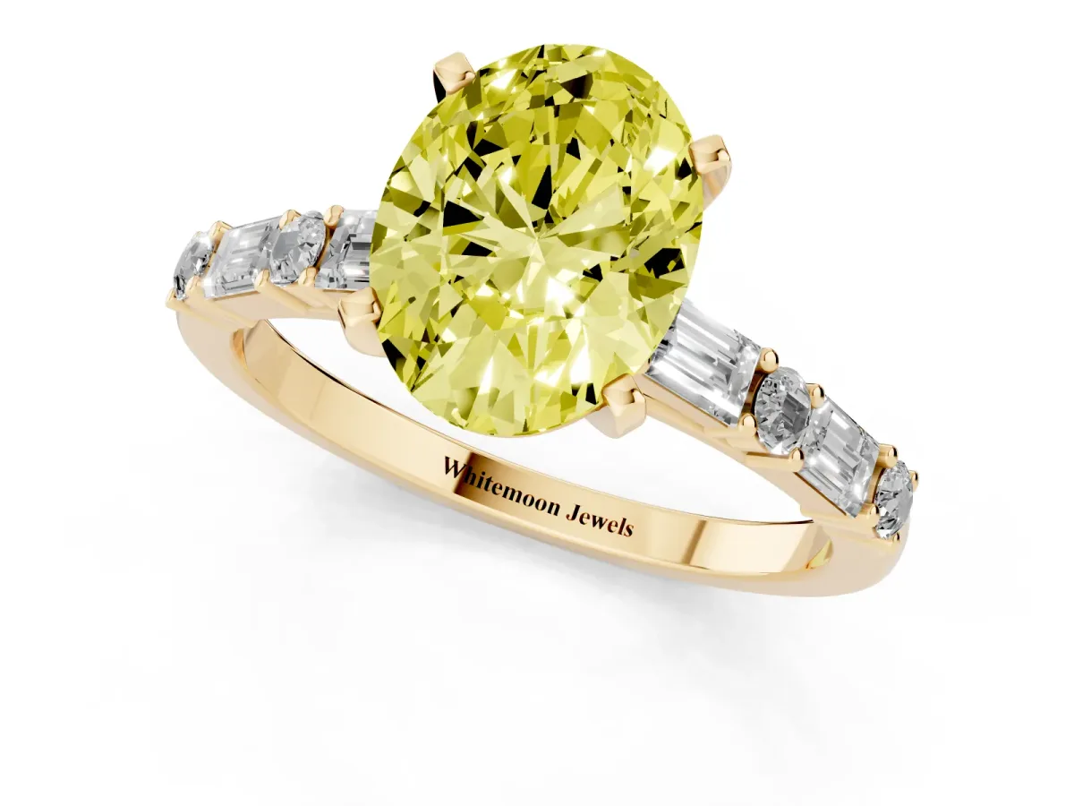 Fancy Yellow Oval Cut Diamond Solitaire with Side Baguettes and Channel Set Band Yellow gold