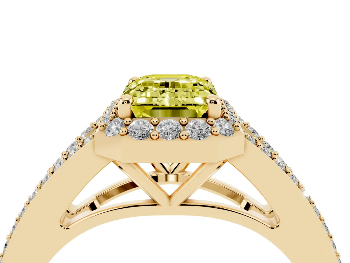 Fancy Yellow Emerald Cut Halo Split Shank Pave Diamond Ring with Four-Prong Setting Yellow gold