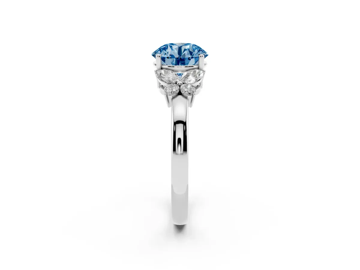 Fancy Blue Round Cut Cut Solitaire Floral Diamond Ring with Four-Prong Setting Silver