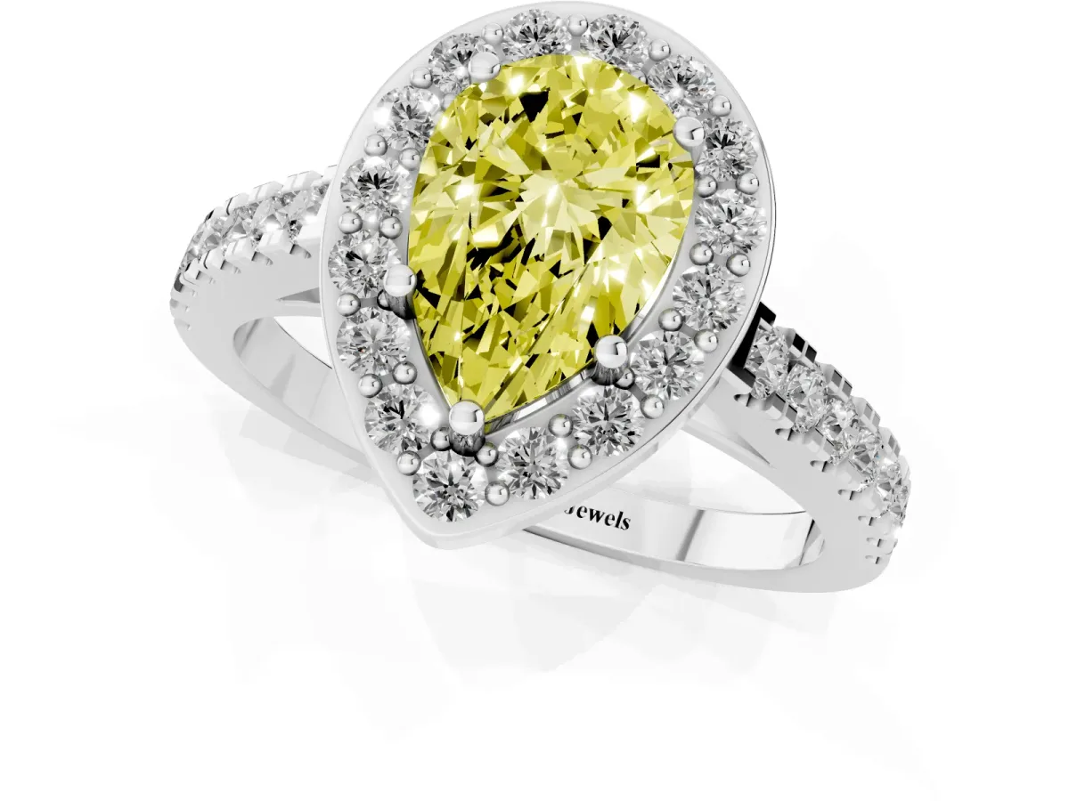 Fancy Yellow Pear Cut Diamond Halo Ring with Round Pavé Split Shank and Prong Setting Silver