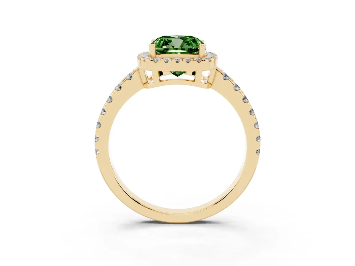 Fancy Green Cushion Cut Diamond Halo Ring with Pavé Band and Four-Prong Setting Yellow gold