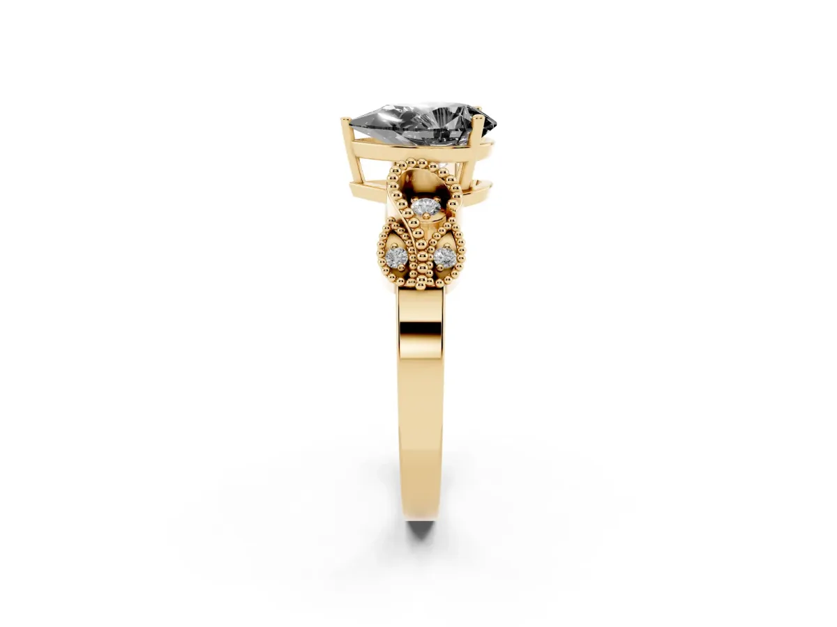 Fancy Black Pear Cut Solitaire Milgrain Leaf Band with Prong Setting Yellow gold