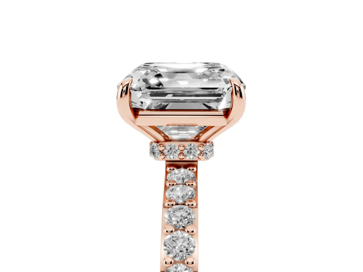 Asscher Cut Diamond Pavé Engagement Ring with Round Accents and Prong Setting Rose gold